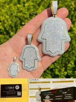 MOISSANITE 14k Gold Vermeil Hip Hop Hamsa Hand Iced Pendant Pass Diamond Tester