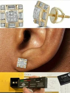 MOISSANITE 14k Gold Vermeil Iced Baguette Hip Hop Earrings Studs Diamond Test ✅