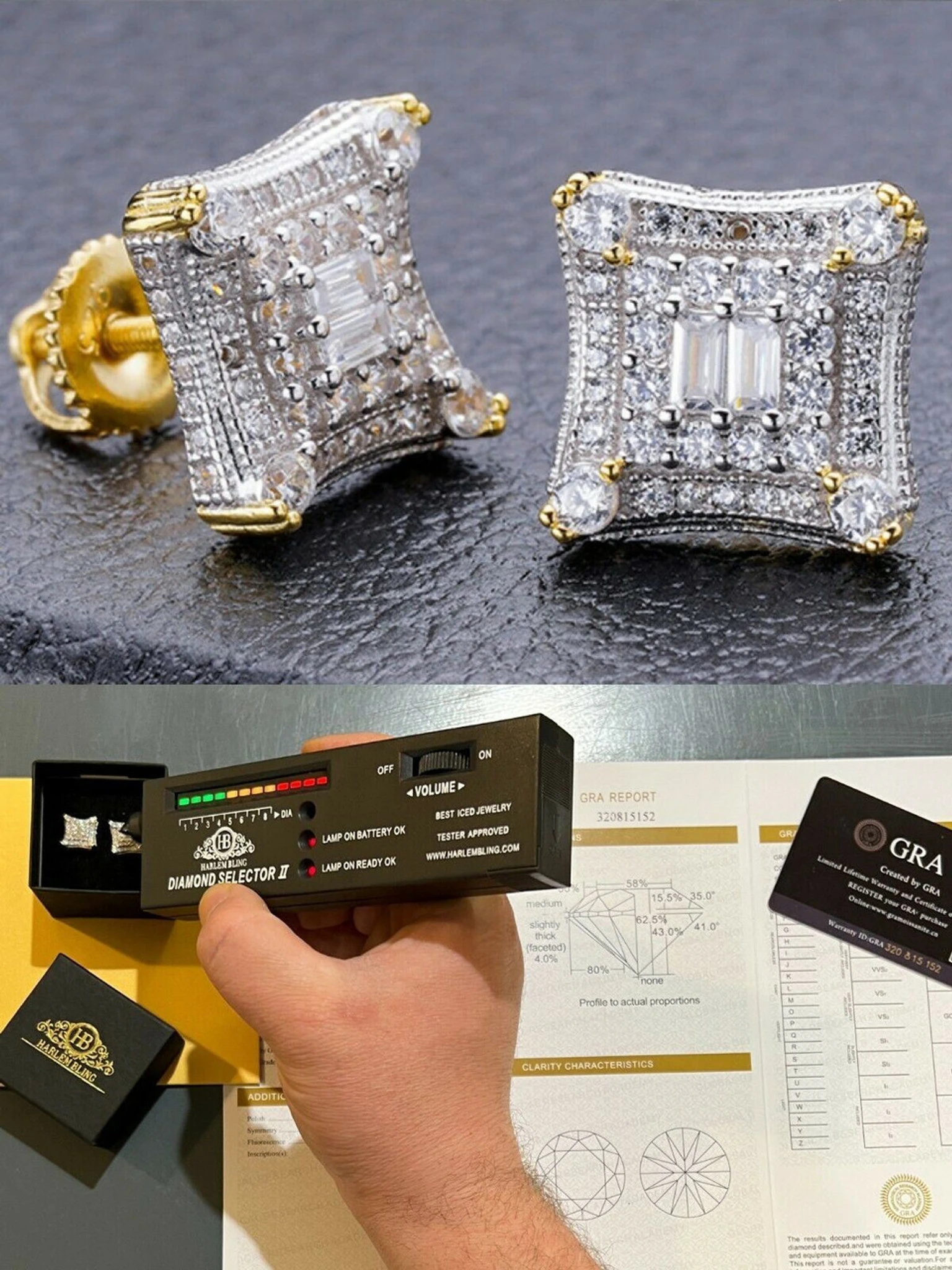 MOISSANITE 14k Gold Vermeil Real HipHop Mens Earrings Large Square Kite Baguette 3 MOISSANITE 14k Gold Vermeil Real HipHop Mens Earrings Large Square Kite Baguette