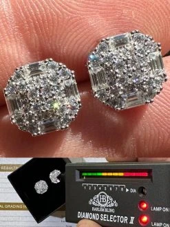 Moissanite 3D Iced 925 Silver Screwback Earrings 10mm Baguette Iced Mens Studs
