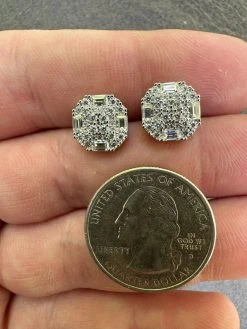 Moissanite 3D Iced 925 Silver Screwback Earrings 10mm Baguette Iced Mens Studs -Harlem Bling Shop harlembling moissanite 3d iced 925 silver screwback earrings 10mm baguette iced mens studs 44262.1683752318