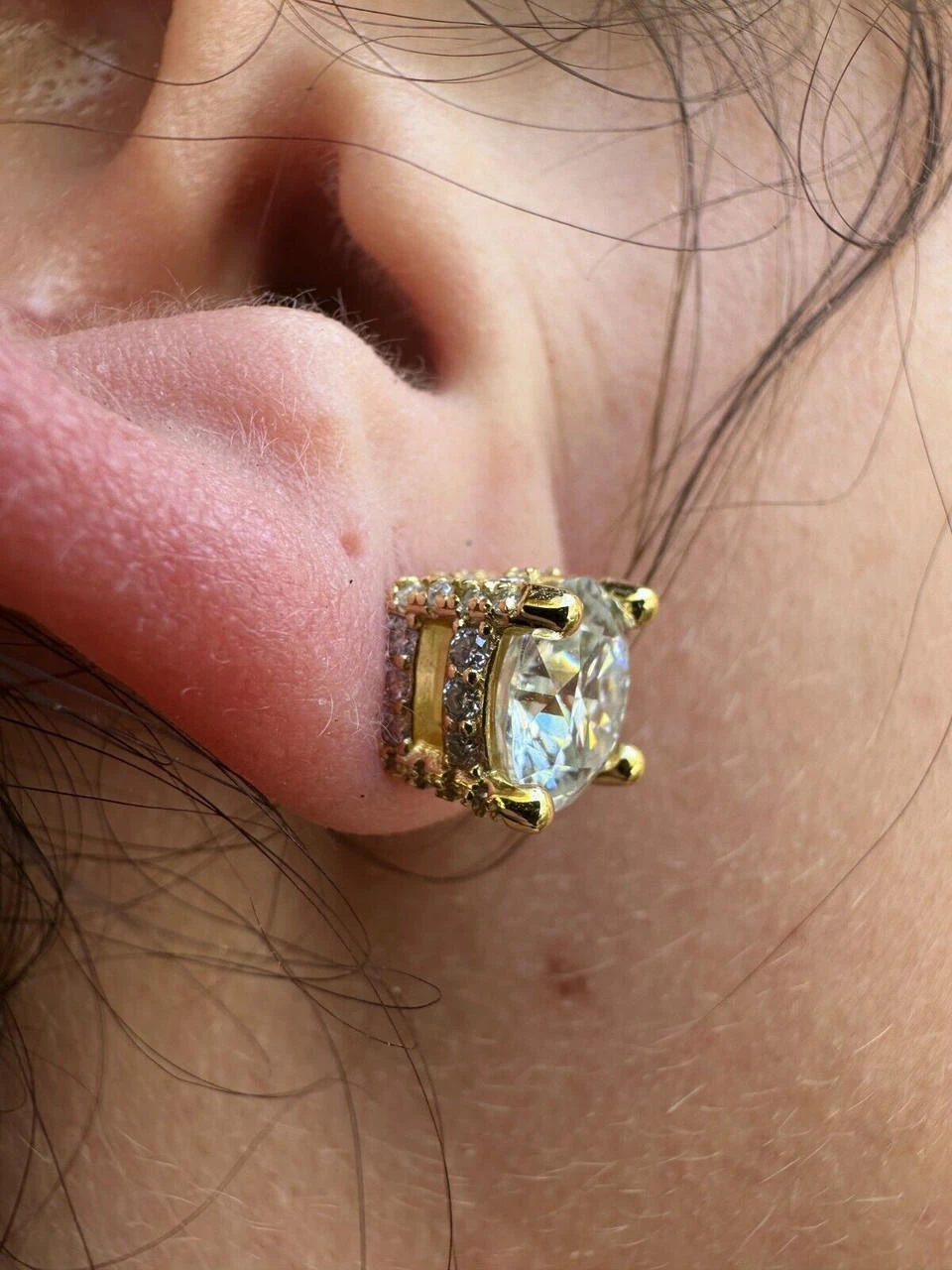 Moissanite 3D Iced Prong Solitaire Stud Earrings 14k Gold Plated 925 Silver 8mm 7 Moissanite 3D Iced Prong Solitaire Stud Earrings 14k Gold Plated 925 Silver 8mm - Image 5