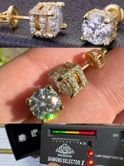 Moissanite 3D Iced Prong Solitaire Stud Earrings 14k Gold Plated 925 Silver 8mm