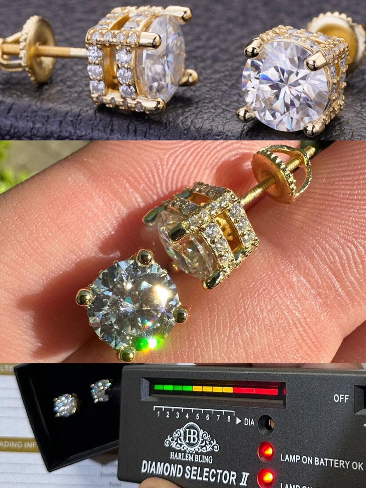 Moissanite 3D Iced Prong Solitaire Stud Earrings 14k Gold Plated 925 Silver 8mm 3 Moissanite 3D Iced Prong Solitaire Stud Earrings 14k Gold Plated 925 Silver 8mm