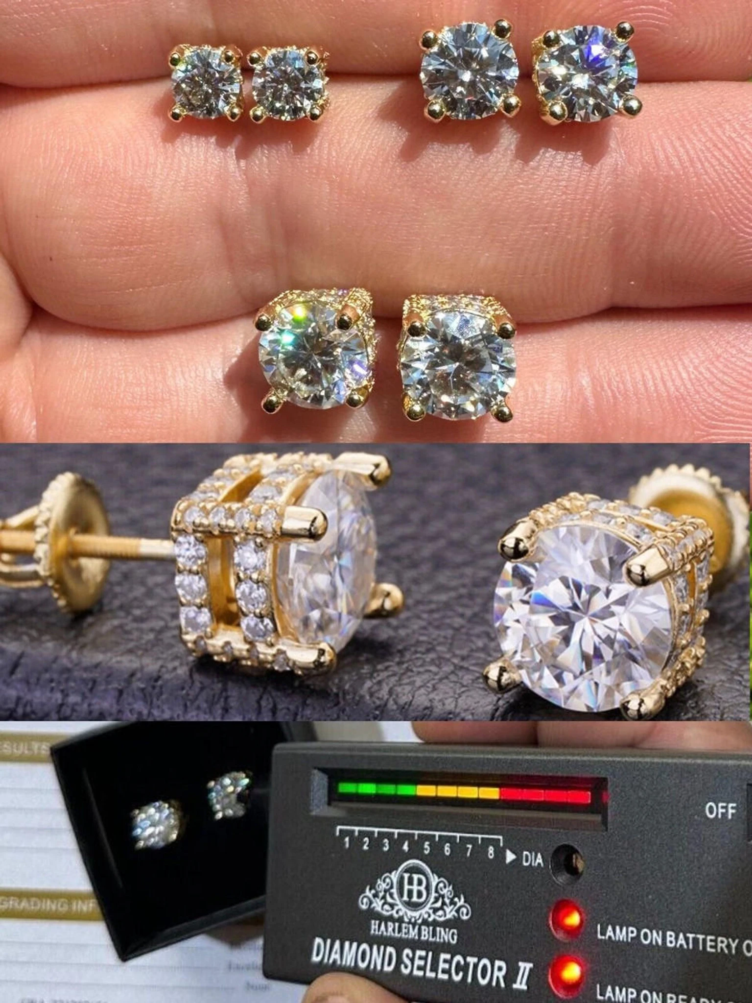 Moissanite 3D Iced Solitaire Screwback Stud Earrings Real 14k Gold Vermeil 925 Silver 3 Moissanite 3D Iced Solitaire Screwback Stud Earrings Real 14k Gold Vermeil 925 Silver