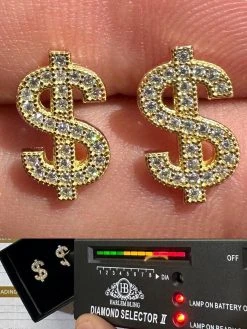 MOISSANITE 925 Silver 14k Gold Plated Men Ladies Dollar Sign $ Money Earrings