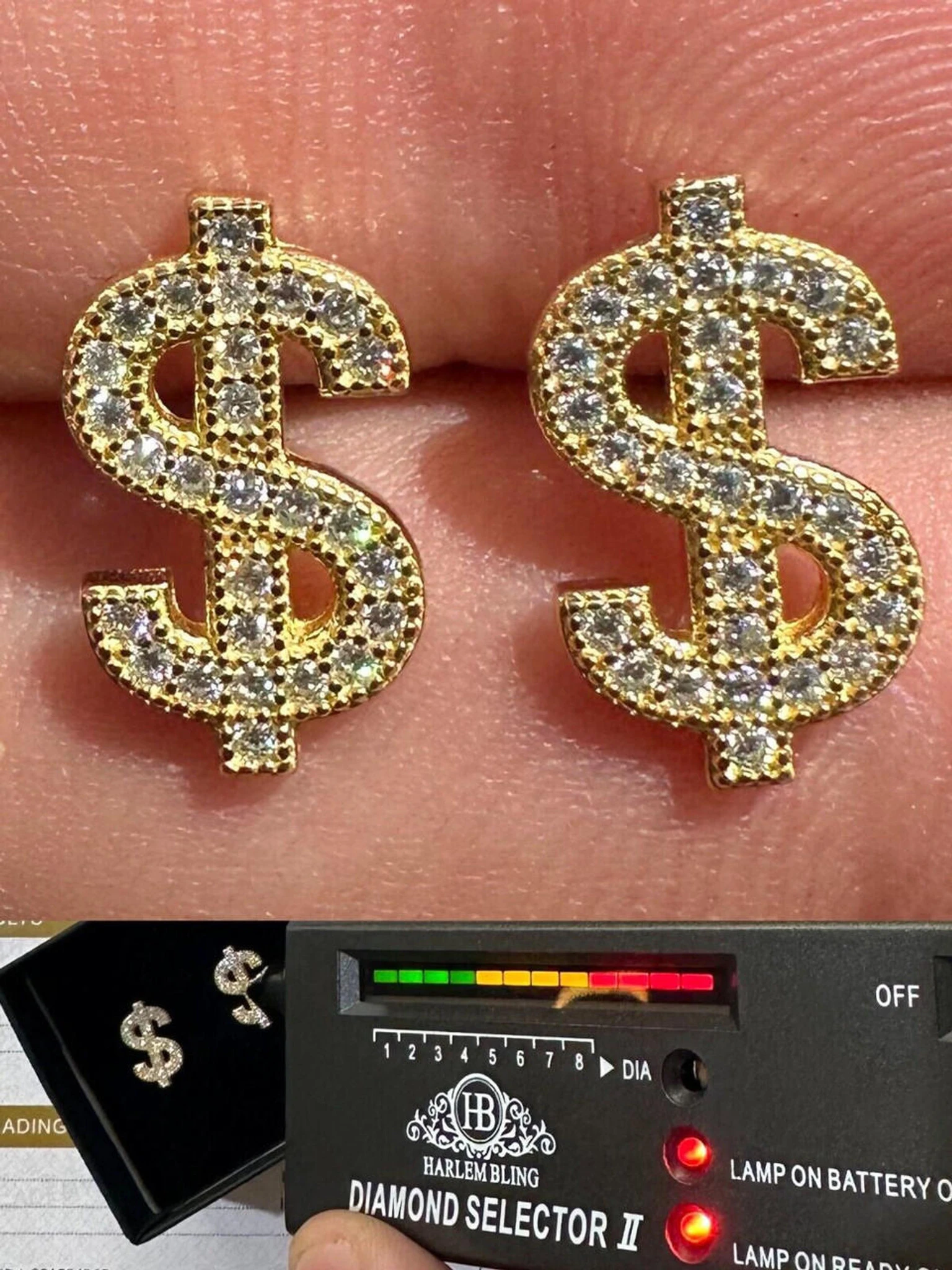 MOISSANITE 925 Silver 14k Gold Plated Men Ladies Dollar Sign $ Money Earrings 3 MOISSANITE 925 Silver 14k Gold Plated Men Ladies Dollar Sign $ Money Earrings