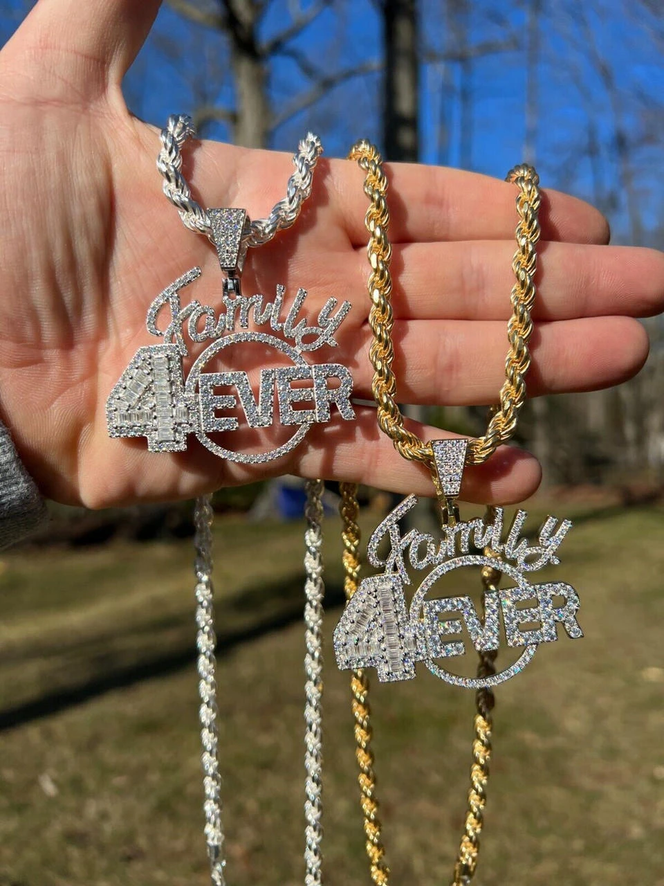 MOISSANITE 925 Silver / Gold Family Forever 4EVER Iced Hip Hop Necklace Pendant 4 MOISSANITE 925 Silver / Gold Family Forever 4EVER Iced Hip Hop Necklace Pendant - Image 2
