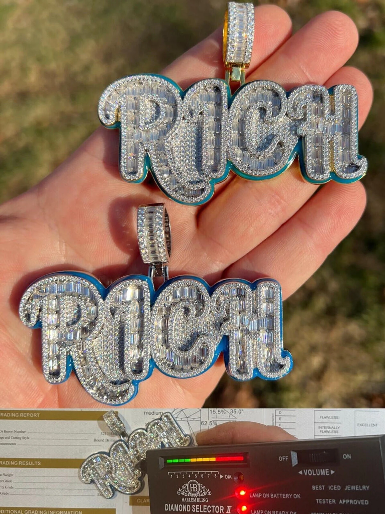 MOISSANITE 925 Silver / Gold Plated Iced Baguette Hip Hop RICH Necklace Pendant 3 MOISSANITE 925 Silver / Gold Plated Iced Baguette Hip Hop RICH Necklace Pendant