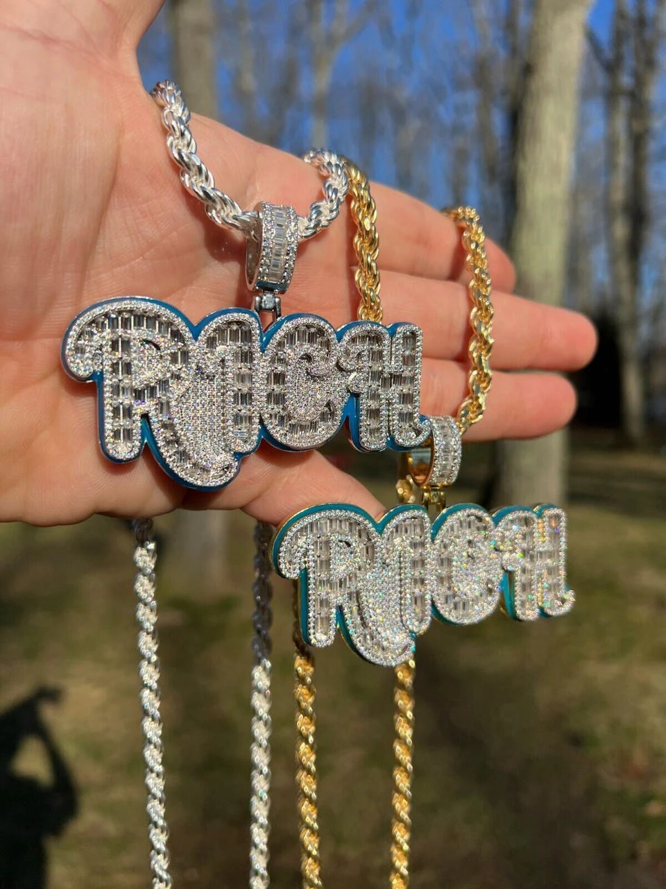 MOISSANITE 925 Silver / Gold Plated Iced Baguette Hip Hop RICH Necklace Pendant 5 MOISSANITE 925 Silver / Gold Plated Iced Baguette Hip Hop RICH Necklace Pendant - Image 3