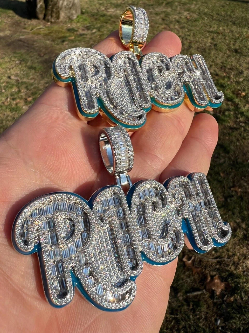 MOISSANITE 925 Silver / Gold Plated Iced Baguette Hip Hop RICH Necklace Pendant 6 MOISSANITE 925 Silver / Gold Plated Iced Baguette Hip Hop RICH Necklace Pendant - Image 4