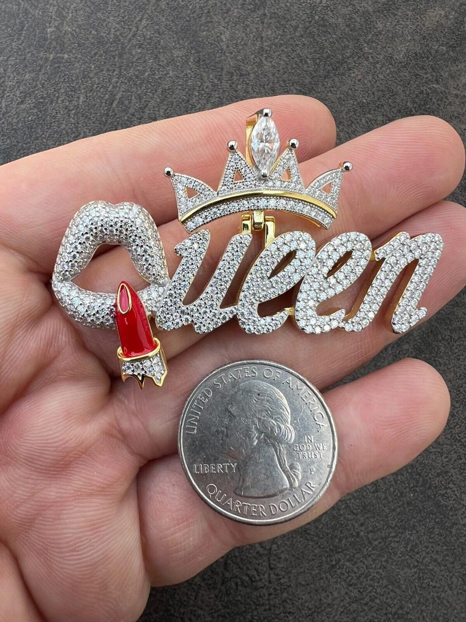 MOISSANITE 925 Silver/Gold/Rose Iced Queen W. Crown & Lipstick Pendant Necklace 10 MOISSANITE 925 Silver/Gold/Rose Iced Queen W. Crown & Lipstick Pendant Necklace - Image 8