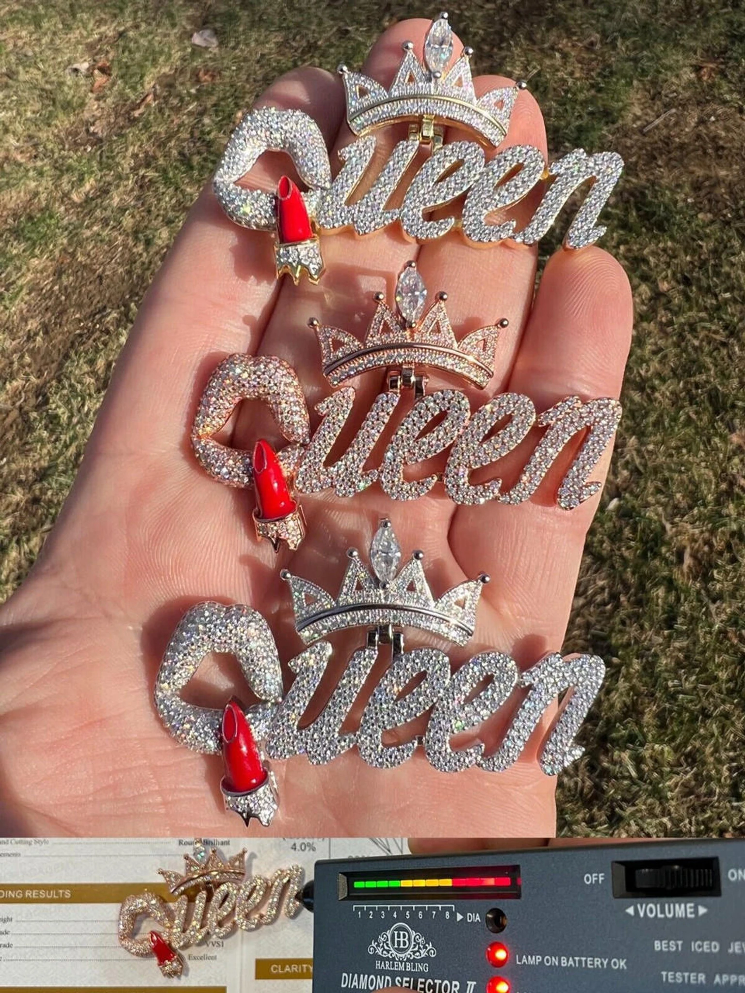 MOISSANITE 925 Silver/Gold/Rose Iced Queen W. Crown & Lipstick Pendant Necklace 3 MOISSANITE 925 Silver/Gold/Rose Iced Queen W. Crown & Lipstick Pendant Necklace