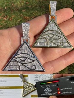 MOISSANITE All Seeing Illuminati Eye Masonic Pyramid Medallion Necklace Silver