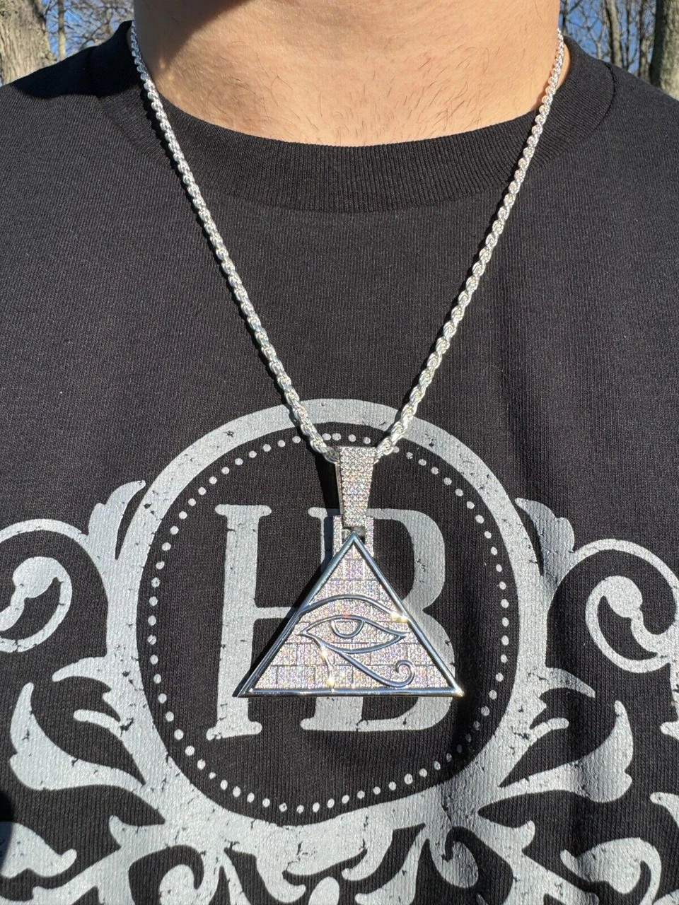 MOISSANITE All Seeing Illuminati Eye Masonic Pyramid Medallion Necklace Silver 5 MOISSANITE All Seeing Illuminati Eye Masonic Pyramid Medallion Necklace Silver - Image 3