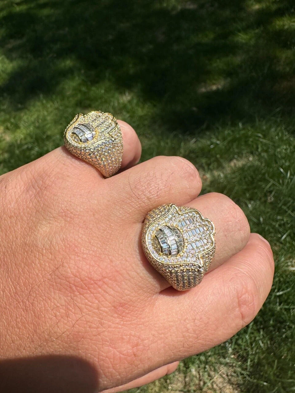 MOISSANITE Baguette Hamsa Ring Mens 14k Gold Plated Solid 925 Silver Iced HipHop 4 MOISSANITE Baguette Hamsa Ring Mens 14k Gold Plated Solid 925 Silver Iced HipHop - Image 2