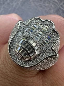 MOISSANITE Baguette Hamsa Ring Men's Solid 925 Silver Passes Tester Iced Hip Hop -Harlem Bling Shop harlembling moissanite baguette hamsa ring mens solid 925 silver passes tester iced hip hop 27425.1685655575