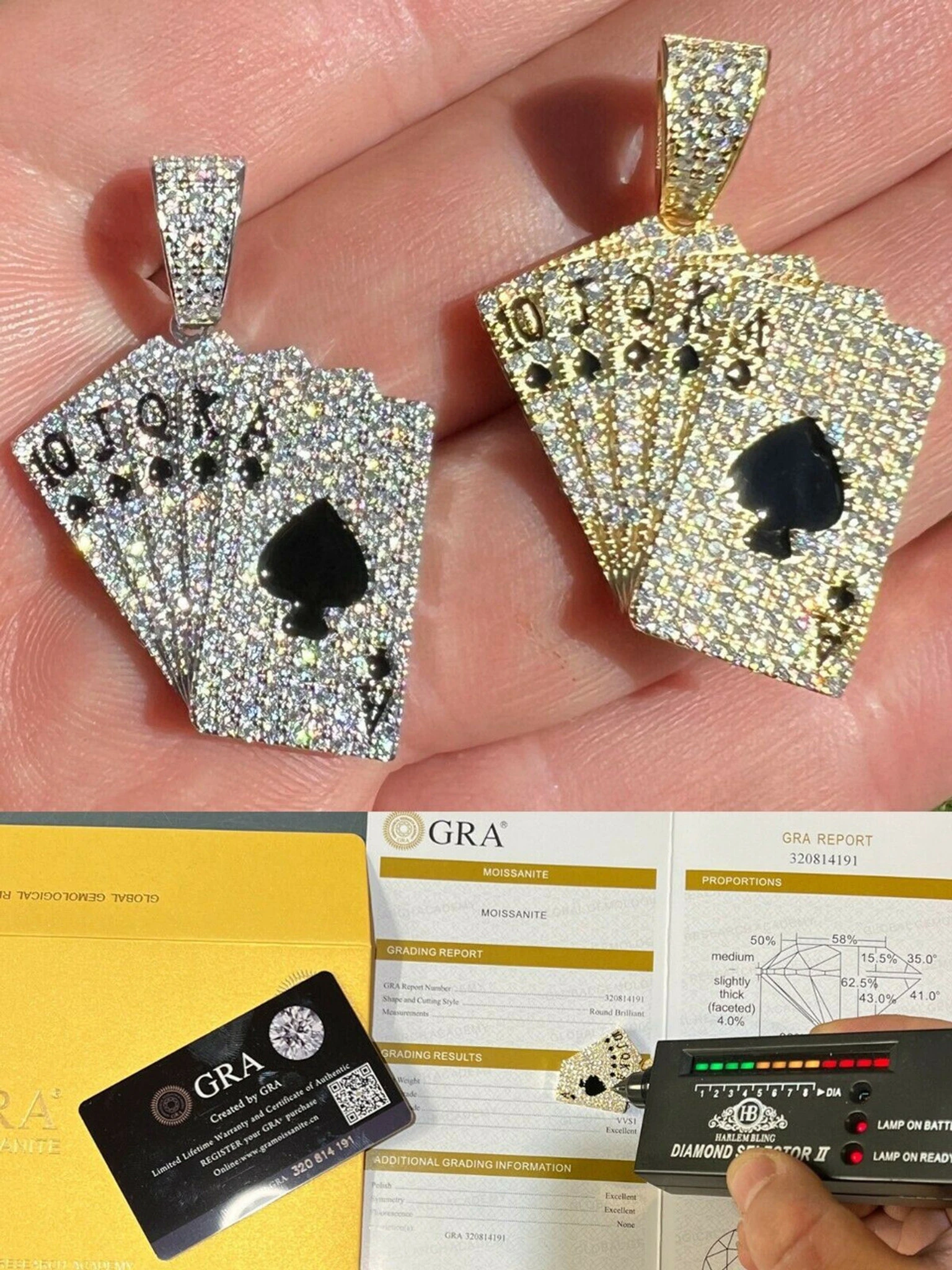 Moissanite Cards Poker Deck Royal Flush Ace Pendant Necklace Pass Diamond Tester 3 Moissanite Cards Poker Deck Royal Flush Ace Pendant Necklace Pass Diamond Tester