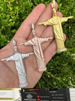 MOISSANITE Christ The Redeemer 925 Silver/ Yellow Rose Gold Necklace Jesus Piece