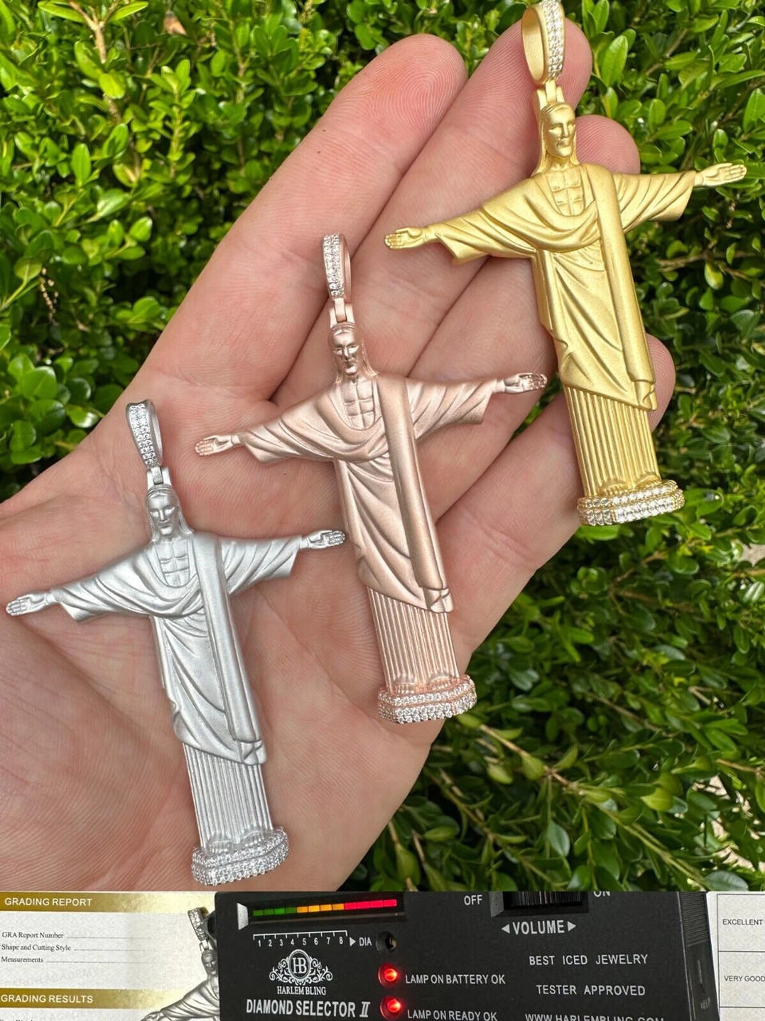 MOISSANITE Christ The Redeemer 925 Silver/ Yellow Rose Gold Necklace Jesus Piece 3 MOISSANITE Christ The Redeemer 925 Silver/ Yellow Rose Gold Necklace Jesus Piece