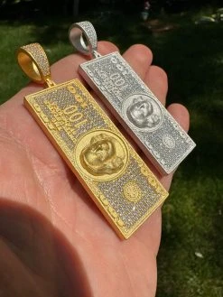 Moissanite $100 Dollar Bill 925 Silver/Gold Plated Iced Hip Hop Pendant Necklace -Harlem Bling Shop harlembling moissanite dollar100 dollar bill 925 silvergold plated iced hip hop pendant necklace 02565.1684357712