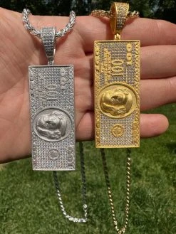 Moissanite $100 Dollar Bill 925 Silver/Gold Plated Iced Hip Hop Pendant Necklace -Harlem Bling Shop harlembling moissanite dollar100 dollar bill 925 silvergold plated iced hip hop pendant necklace 08846.1684357780