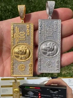 Moissanite $100 Dollar Bill 925 Silver/Gold Plated Iced Hip Hop Pendant Necklace