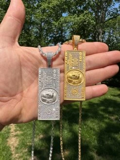Moissanite $100 Dollar Bill 925 Silver/Gold Plated Iced Hip Hop Pendant Necklace -Harlem Bling Shop harlembling moissanite dollar100 dollar bill 925 silvergold plated iced hip hop pendant necklace 14514.1684357760