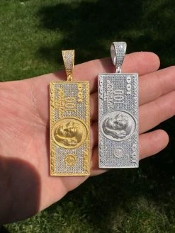 Moissanite $100 Dollar Bill 925 Silver/Gold Plated Iced Hip Hop Pendant Necklace -Harlem Bling Shop harlembling moissanite dollar100 dollar bill 925 silvergold plated iced hip hop pendant necklace 14767.1684357783