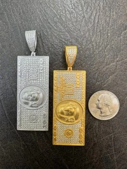 Moissanite $100 Dollar Bill 925 Silver/Gold Plated Iced Hip Hop Pendant Necklace -Harlem Bling Shop harlembling moissanite dollar100 dollar bill 925 silvergold plated iced hip hop pendant necklace 21756.1684357766