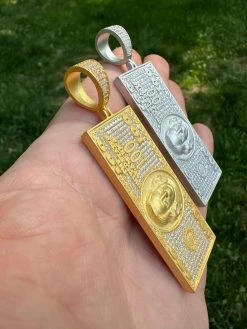 Moissanite $100 Dollar Bill 925 Silver/Gold Plated Iced Hip Hop Pendant Necklace -Harlem Bling Shop harlembling moissanite dollar100 dollar bill 925 silvergold plated iced hip hop pendant necklace 46524.1684357771