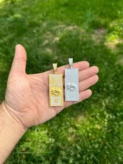 Moissanite $100 Dollar Bill 925 Silver/Gold Plated Iced Hip Hop Pendant Necklace -Harlem Bling Shop harlembling moissanite dollar100 dollar bill 925 silvergold plated iced hip hop pendant necklace 60267.1684357722