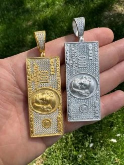 Moissanite $100 Dollar Bill 925 Silver/Gold Plated Iced Hip Hop Pendant Necklace -Harlem Bling Shop harlembling moissanite dollar100 dollar bill 925 silvergold plated iced hip hop pendant necklace 74898.1684357675
