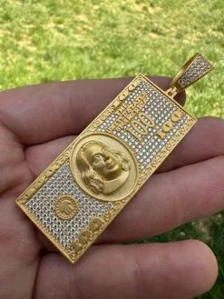 Moissanite $100 Dollar Bill 925 Silver/Gold Plated Iced Hip Hop Pendant Necklace -Harlem Bling Shop harlembling moissanite dollar100 dollar bill 925 silvergold plated iced hip hop pendant necklace 79746.1684357687