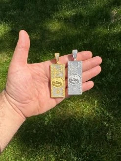 Moissanite $100 Dollar Bill 925 Silver/Gold Plated Iced Hip Hop Pendant Necklace -Harlem Bling Shop harlembling moissanite dollar100 dollar bill 925 silvergold plated iced hip hop pendant necklace 89538.1684357776