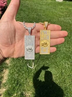 Moissanite $100 Dollar Bill 925 Silver/Gold Plated Iced Hip Hop Pendant Necklace -Harlem Bling Shop harlembling moissanite dollar100 dollar bill 925 silvergold plated iced hip hop pendant necklace 94743.1684357772