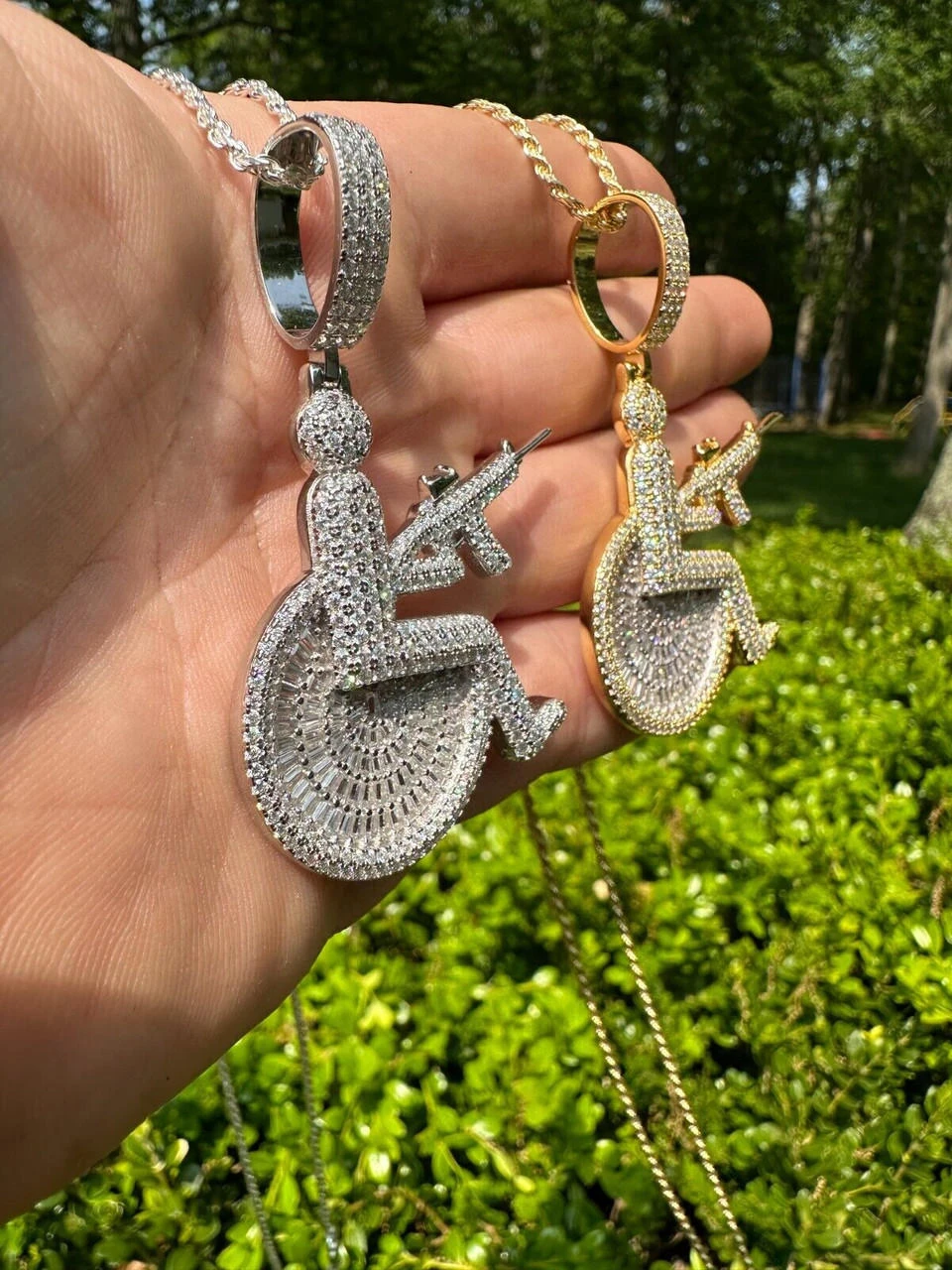 Moissanite Handicap In Wheelchair & AK47 Gun 925 Silver/Gold Plated Iced Pendant 7 Moissanite Handicap In Wheelchair & AK47 Gun 925 Silver/Gold Plated Iced Pendant - Image 5