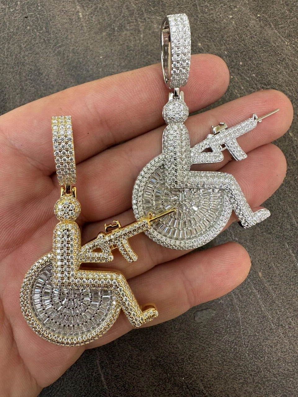 Moissanite Handicap In Wheelchair & AK47 Gun 925 Silver/Gold Plated Iced Pendant 14 Moissanite Handicap In Wheelchair & AK47 Gun 925 Silver/Gold Plated Iced Pendant - Image 12