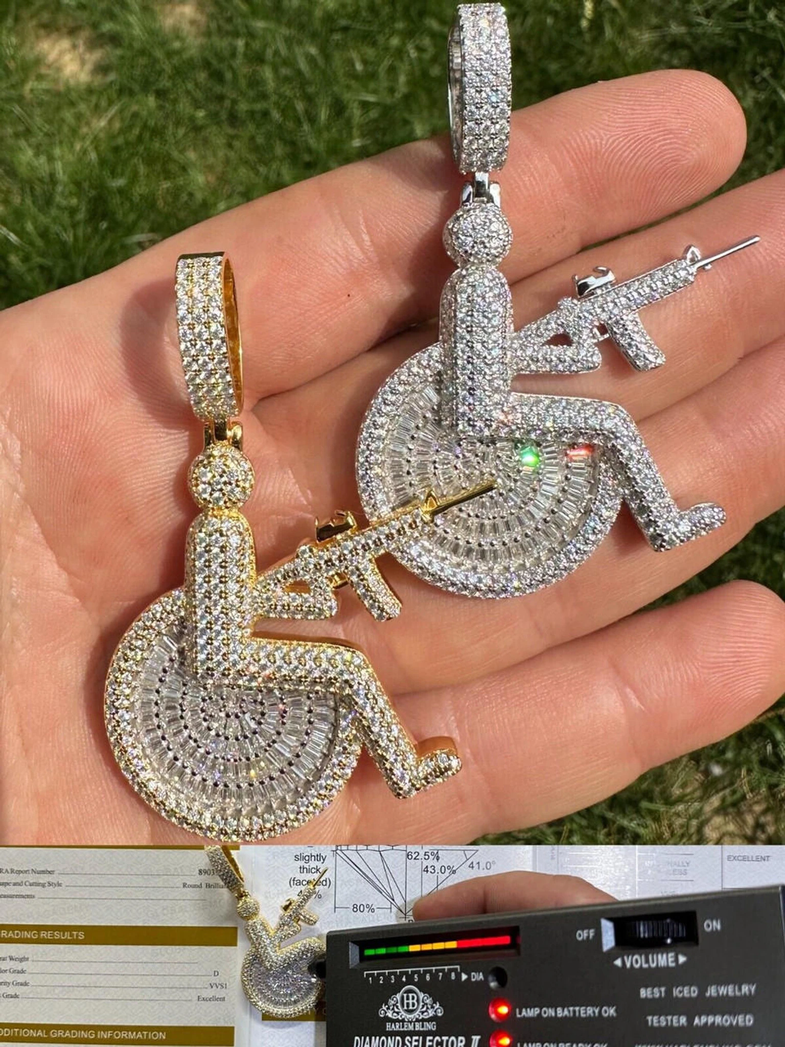 Moissanite Handicap In Wheelchair & AK47 Gun 925 Silver/Gold Plated Iced Pendant 3 Moissanite Handicap In Wheelchair & AK47 Gun 925 Silver/Gold Plated Iced Pendant