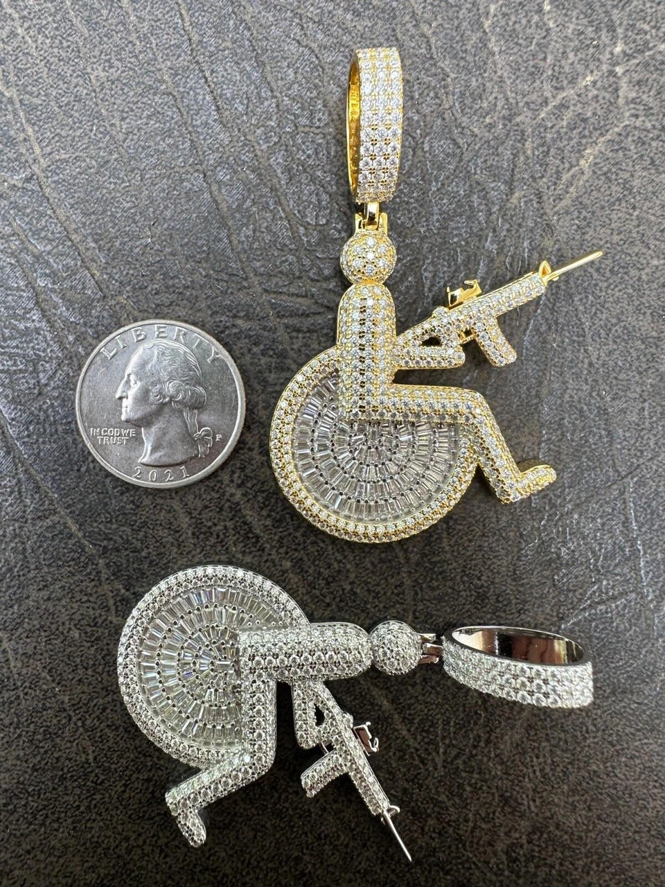 Moissanite Handicap In Wheelchair & AK47 Gun 925 Silver/Gold Plated Iced Pendant 10 Moissanite Handicap In Wheelchair & AK47 Gun 925 Silver/Gold Plated Iced Pendant - Image 8