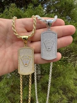 MOISSANITE Hip Hop 925 Silver / Gold Rolex Crown King Dog Tag Iced Pendant Necklace -Harlem Bling Shop harlembling moissanite hip hop 925 silver gold rolex crown king dog tag iced pendant necklace 02804.1677609496