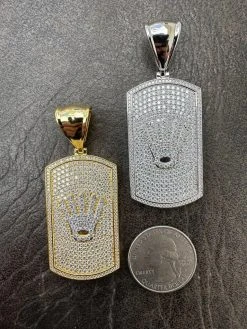 MOISSANITE Hip Hop 925 Silver / Gold Rolex Crown King Dog Tag Iced Pendant Necklace -Harlem Bling Shop harlembling moissanite hip hop 925 silver gold rolex crown king dog tag iced pendant necklace 18478.1677609477