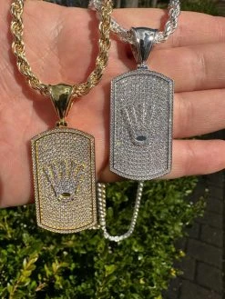 MOISSANITE Hip Hop 925 Silver / Gold Rolex Crown King Dog Tag Iced Pendant Necklace -Harlem Bling Shop harlembling moissanite hip hop 925 silver gold rolex crown king dog tag iced pendant necklace 24525.1677609506
