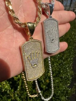 MOISSANITE Hip Hop 925 Silver / Gold Rolex Crown King Dog Tag Iced Pendant Necklace -Harlem Bling Shop harlembling moissanite hip hop 925 silver gold rolex crown king dog tag iced pendant necklace 29038.1677609483