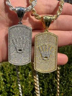 MOISSANITE Hip Hop 925 Silver / Gold Rolex Crown King Dog Tag Iced Pendant Necklace -Harlem Bling Shop harlembling moissanite hip hop 925 silver gold rolex crown king dog tag iced pendant necklace 73175.1677609498