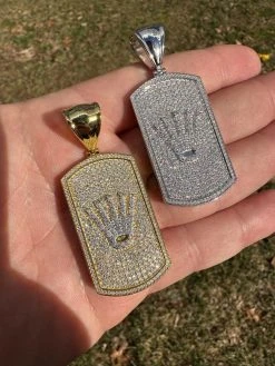 MOISSANITE Hip Hop 925 Silver / Gold Rolex Crown King Dog Tag Iced Pendant Necklace -Harlem Bling Shop harlembling moissanite hip hop 925 silver gold rolex crown king dog tag iced pendant necklace 92462.1677609511