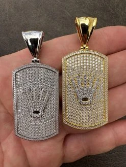 MOISSANITE Hip Hop 925 Silver / Gold Rolex Crown King Dog Tag Iced Pendant Necklace -Harlem Bling Shop harlembling moissanite hip hop 925 silver gold rolex crown king dog tag iced pendant necklace 96508.1677609505
