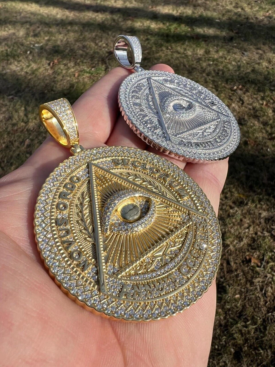 MOISSANITE Huge 3" All Seeing Illuminati Eye Masonic Medallion Necklace Silver 5 MOISSANITE Huge 3" All Seeing Illuminati Eye Masonic Medallion Necklace Silver - Image 3