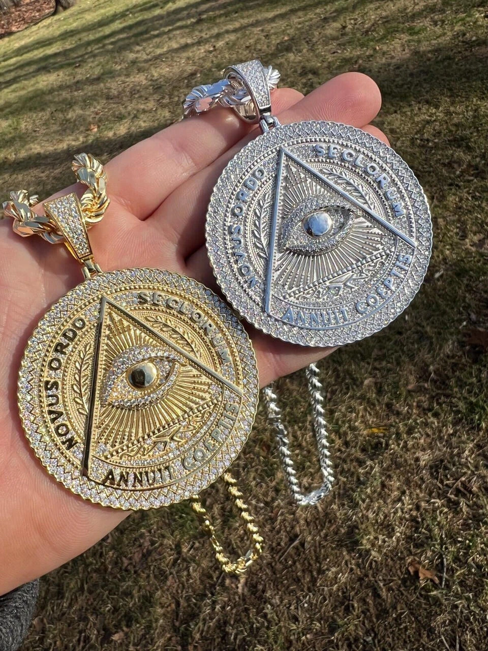 MOISSANITE Huge 3" All Seeing Illuminati Eye Masonic Medallion Necklace Silver 10 MOISSANITE Huge 3" All Seeing Illuminati Eye Masonic Medallion Necklace Silver - Image 8