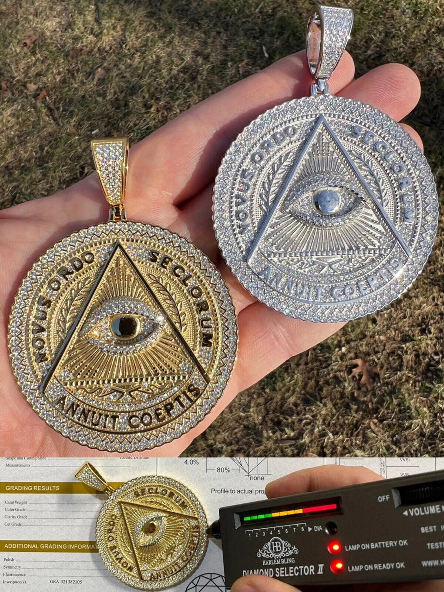 MOISSANITE Huge 3" All Seeing Illuminati Eye Masonic Medallion Necklace Silver 3 MOISSANITE Huge 3" All Seeing Illuminati Eye Masonic Medallion Necklace Silver